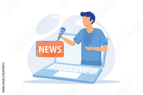 Mass media. Reporter cartoon character. Daily news, broadcasting, online press, internet journalism. Social media concept. Correspondent, journalist. Vector illustration