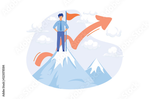 Ambitious businessman on top. Business growth, leadership quality, career opportunity. Success achievement, aspirations realization idea. Vector illustration