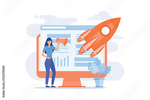 Creative idea flat icon. Innovative internet project, advertising business, online promotion. Woman with loudspeaker cartoon character. Vector illustration
