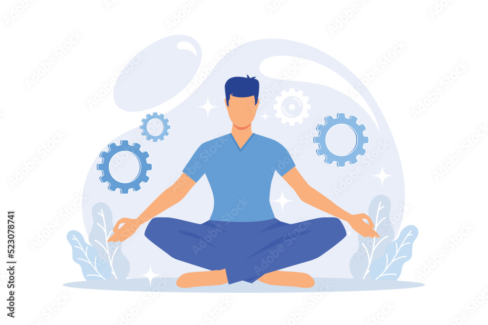 Stress reduction and relieving activity. Man cartoon character sitting in lotus pose. Meditation, relaxation, balancing. Vector illustration