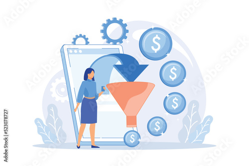 Funnel sales strategy. Profit monetization. Target audience, lead generation. Conversion marketing. Marketologist cartoon character. Online business. Vector illustration