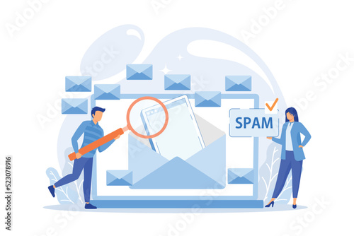 Businessmen get advertising, phishing, spreading malware irrelevant unsolicited spam message. Spam, unsolicited messages, malware spreading concept. vector illustration