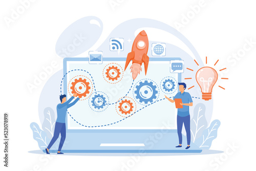 Startup team receive mentoring and training to accelerate growth and laptop. Startup accelerator, seed accelerator, startup mentoring concept. vector illustration photo