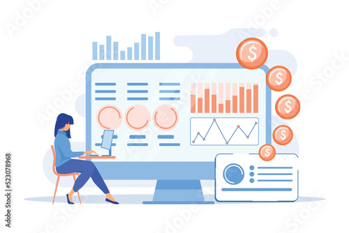 Data analyst consolidating financial information and reports on computer. Financial data management, financial software, digital data report concept. vector illustration