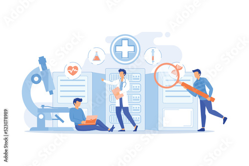 Doctors and personalized prescriptive analytics. Big data healthcare, personalized medicine, big data patient care, predictive analytics concept. vector illustration photo