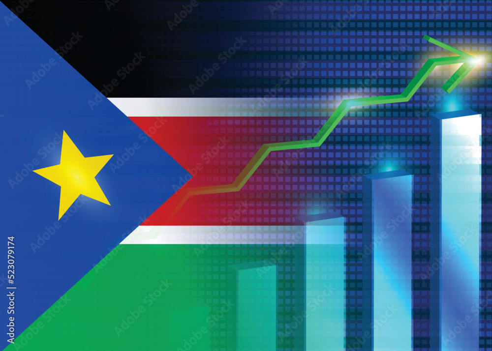 Fototapeta premium Economic growth concept in South Sudan.South Sudan flag with charts,growth arrow