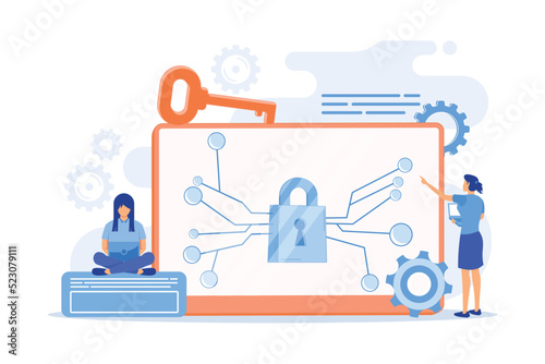 Cryptographic officer and system administrator create algorithm code for key owner of blockchain. Cryptography and encryption algorithm concept. vector illustration