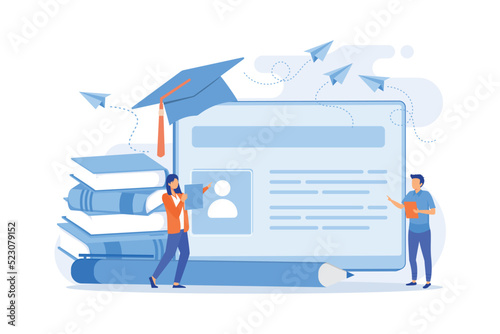 School smart card with photo and users. Student profile and school attendance, student identification with microchip, school access and payment concept. Vector illustration