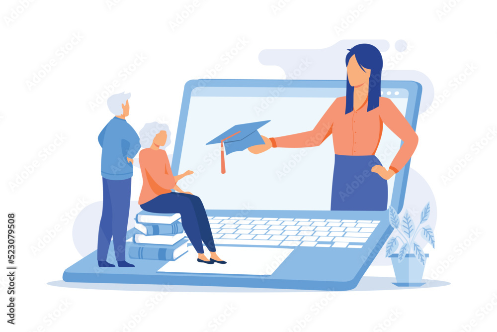 Education for older people. Senior couple of people watching online courses on laptop, getting academic degree. Webinar, internet seminar. Vector illustration