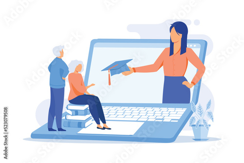 Education for older people. Senior couple of people watching online courses on laptop, getting academic degree. Webinar, internet seminar. Vector illustration