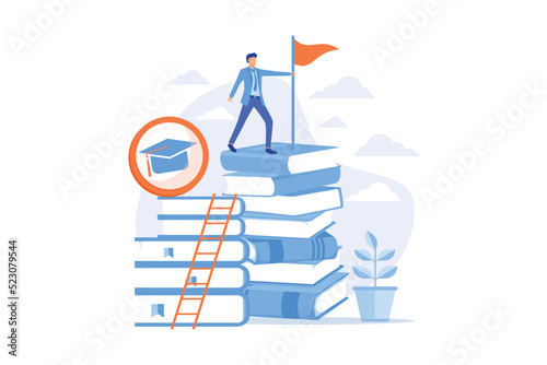 Clever man, student standing on books stack with flag. Self learning, personal improvement, knowledge obtaining. Educational achievement. Vector illustration