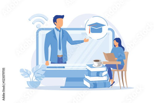 Online lecturing. Distance learning opportunities, self education, internet courses. E learning technologies. Woman watching video tutorial. Vector illustration
