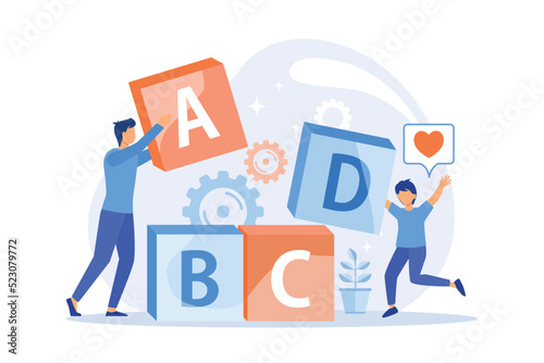 Primary school education. Developing games, entertaining study, elementary grade. Little schoolboy and educator playing with abc blocks. Vector illustration