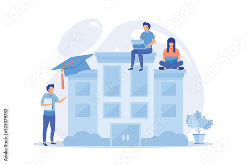 People studying remotely, e learning. Home education, distance learning, online college. University students with laptops, internet training courses. Vector illustration