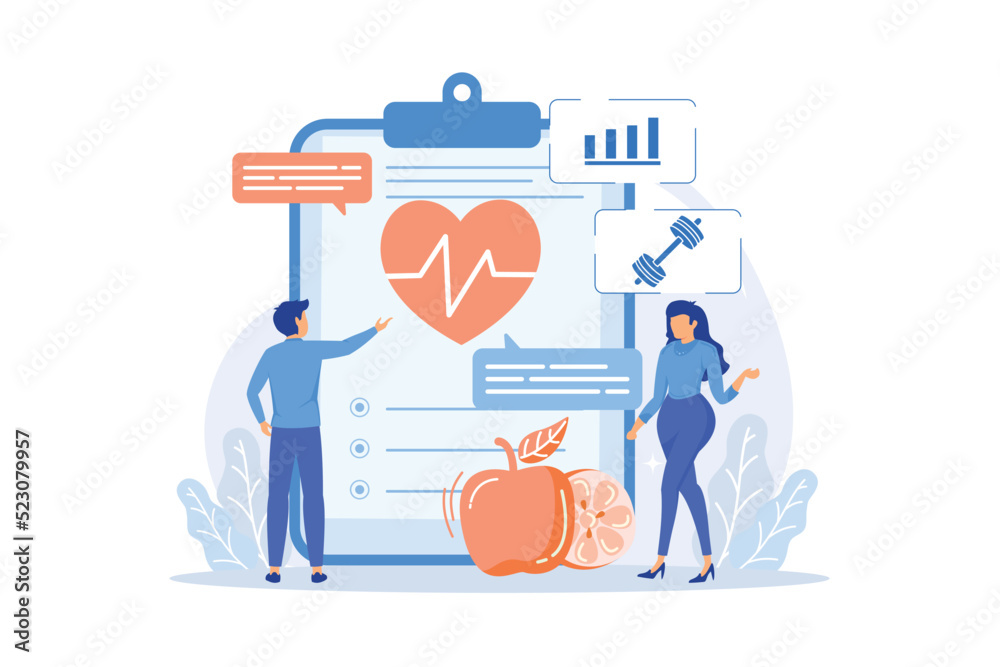 Cardio exercising and healthy lifestyle. Heart disease prevention, healthcare, cardiology. Healthy eating and workout. Health diagnostics. Vector illustration