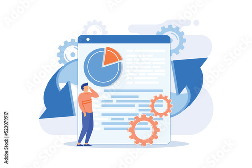 Big data analysis. Web statistics automated report. Infographics visualization tool isolated flat design element. Business, analytics process, optimization. Vector illustration