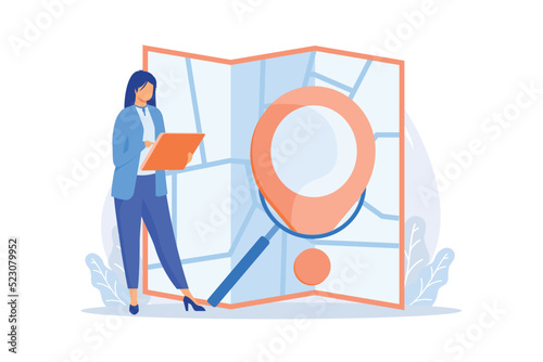 Internet order delivery tracking. GPS navigator service website flat design element. Pointer, magnifier, map. Route online planning, path finding. Vector illustration