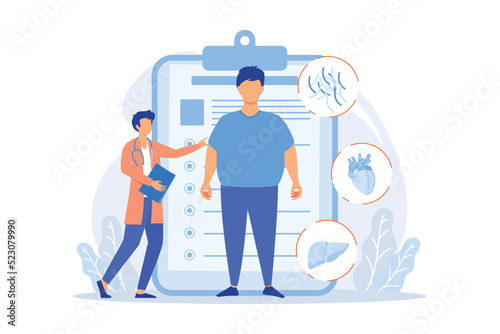 Obesity problem. Overweight man medical consultation and diagnostics. Negative impact of obesity on humans health and internal organs. Vector illustration