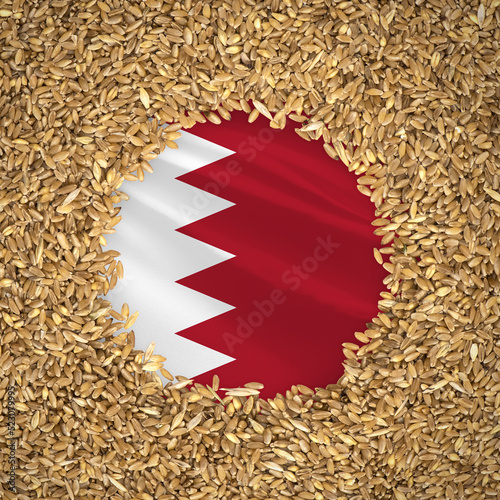Flag of bahrain with grains of wheat. Natural whole wheat concept with flag of bahrain