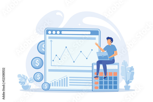 Business accounting, profit growth, calculation. Data analysis, analytics and statistics. Accountant, bookkeeper with laptop cartoon character. Vector illustration