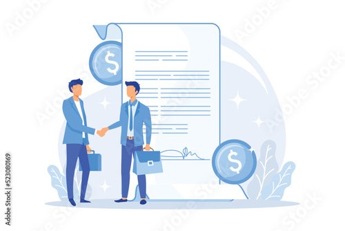 Financial obligation document. Promissory bill, loan agreement, debt return promise. Issuer and payee signing contract. Businessmen making deal. Vector ILLUSTRATION