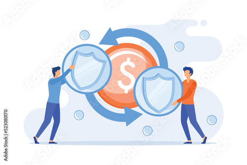 Peer to peer insurance model. Collaborative consumption, policyholders cooperation, P2P digital insurers service. Partners sharing liability insurance. Vector illustration