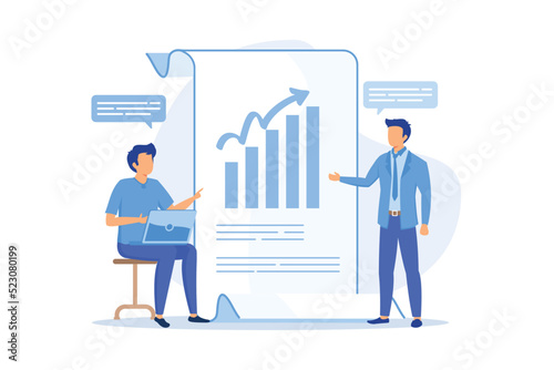 Business financial report. Entrepreneurs cartoon characters writing business plan, analyzing data and statistics. Graphic, information, research. Vector illustration