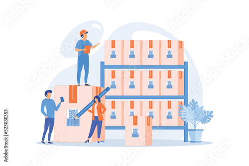 Workers in warehouse, storage facility. Sorting and labeling items. Barcode scanning, barcode generator software, mobile proof of delivery concept.