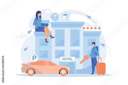 Business people at hotel use all included services, lodgings and wifi. All-inclusive hotel, luxury hospitality resort, all included service concept.
