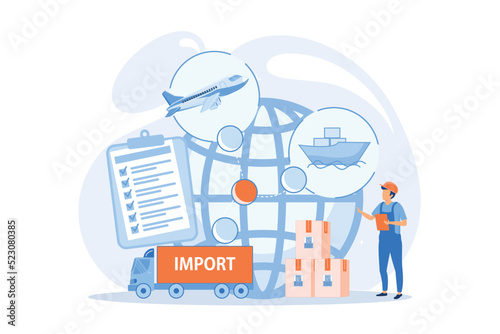 Established international trade routes. Selling goods overseas. Export control, export controlled materials, export licensing services concept. vector illustration