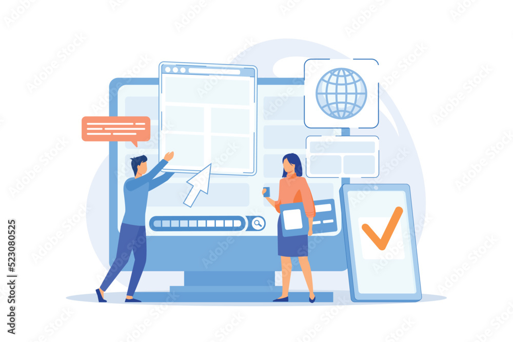 Programmers with browser windows and pc and tablet. Cross-browser compatibility, cross-browser and browser compatible concept on white background. vector illustration - obrazy, fototapety, plakaty 