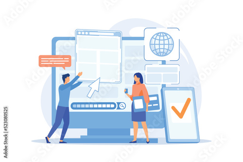 Programmers with browser windows and pc and tablet. Cross-browser compatibility, cross-browser and browser compatible concept on white background. vector illustration photo