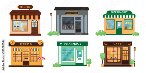 Set of city buildings. Book store, cafe, pharmacy, bakery, pizzeria and supermarket exterior. Vector illustrations isolatad on white background.