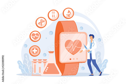 Doctor and smartwatch with heart and medical icons. Smartwatch health tracker and health monitor, activity tracking vector illustation
