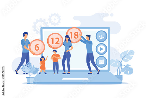 Adults rating content for children with age restriction signs. Content rating system, age limitation content vector illustration