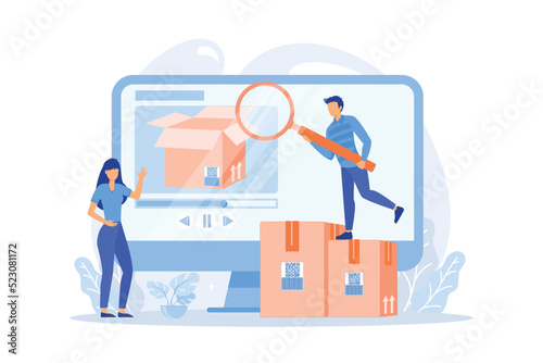 Bloggers with magnifier looking inside the box with new purchase video. Unboxing video, product review video vector illustration