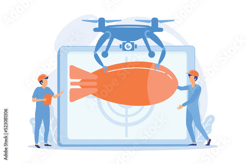 Soldiers and military drone armed with missile to attack enemy. Military drone, drones defense use vector illustration