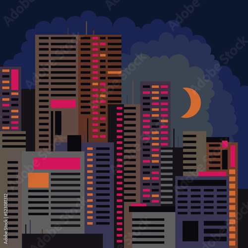 Night city  skyscrapers. Colorful vector illustration of the city landscape. Universal poster for design and printing.