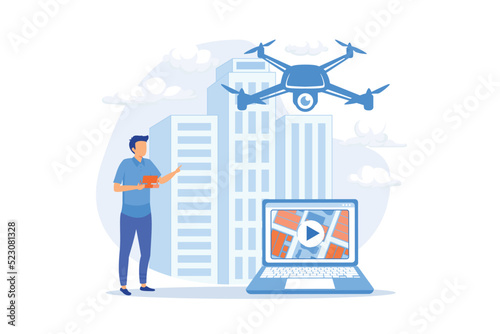 Birds eye view position. Live streaming droning, flight. Aerial videography, professional aerial video vector illustration