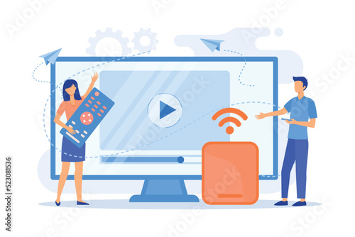 Tiny people watch video with remote control and television multimedia box. Smart TV box, smart tv console vector illustration