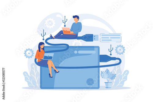 Tiny business people at laptops using portable external hard drive. External hard drive, data storage device vector illustration © Alwie99d