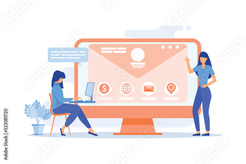 Web developer working on company website, tiny people. Corporate website, official company website vector illustration