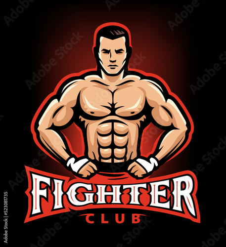 MMA muscular fighter with boxing gloves. Fight club logo. Mixed martial arts sport emblem vector illustration