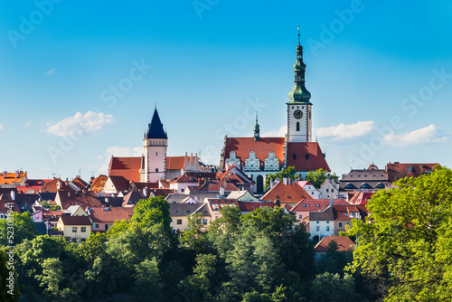 Canvastavla View to historical center of Tabor old town with towers, red rooftops and blue sky