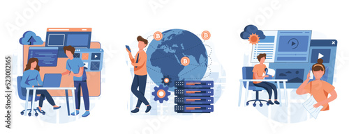 Business applications abstract concept vector illustration set. Packaged software, FinTech technology, system software development, payment processing, database system integration abstract metaphor.