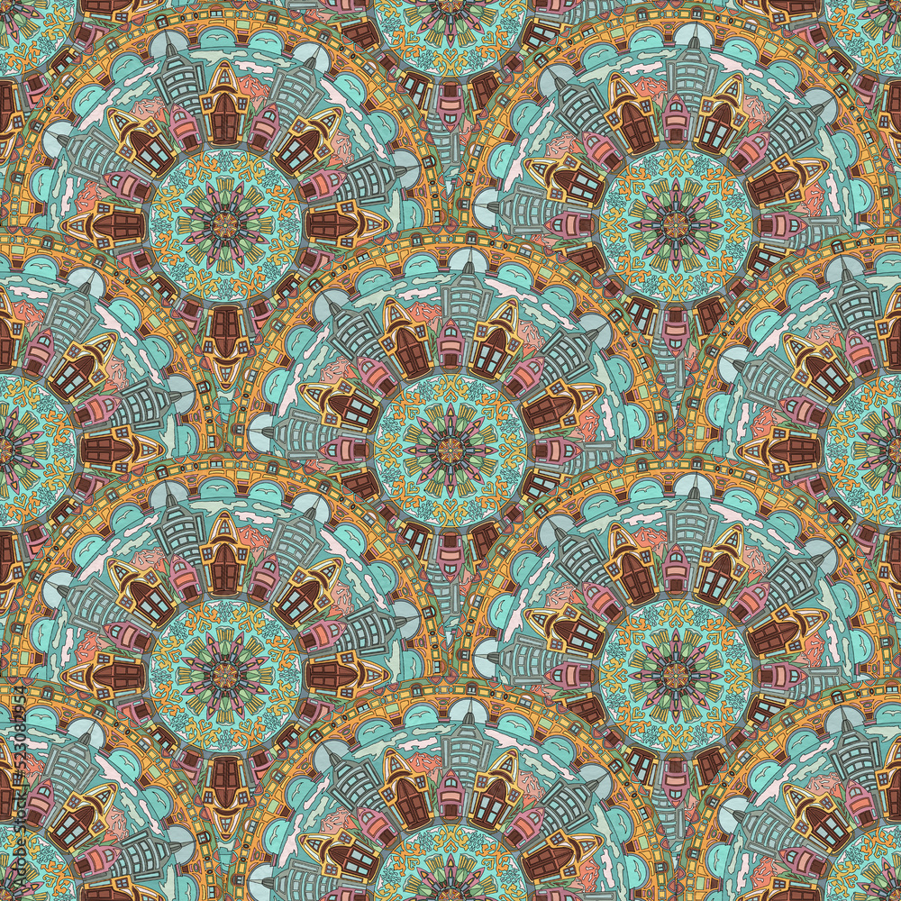 abstract city themed mandala seamless pattern in various colors