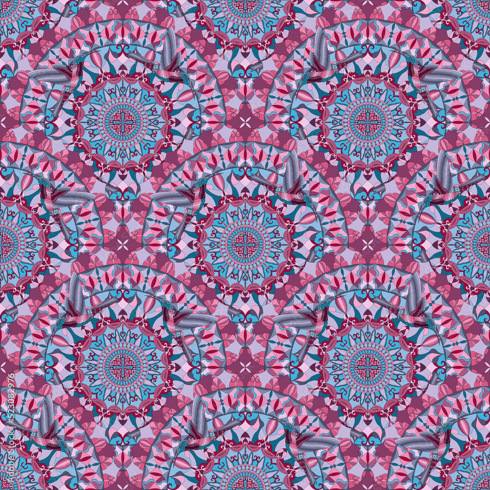 mandala seamless pattern with hummingbirds in purple and blue colors mandala seamless pattern with hummingbirds in purple and blue colors
