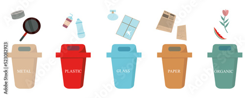Sorted rubbish falls into trash cans on a white background. Waste recycling