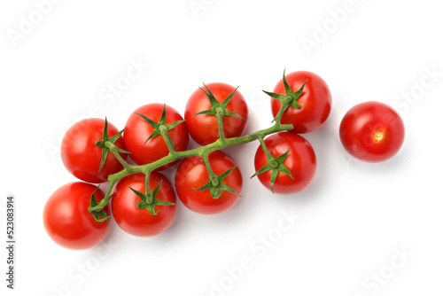 Bunch of fresh, red tomatoes with green stems isolated on white background. Well separated from the background.