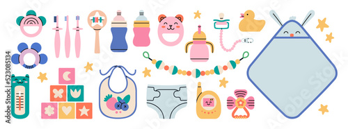 Poster with a different products for newborn babies. Health care  bathing  toys for entertainment and development. Cute design for boys and girls. Hand drawn isolated vector illustration.